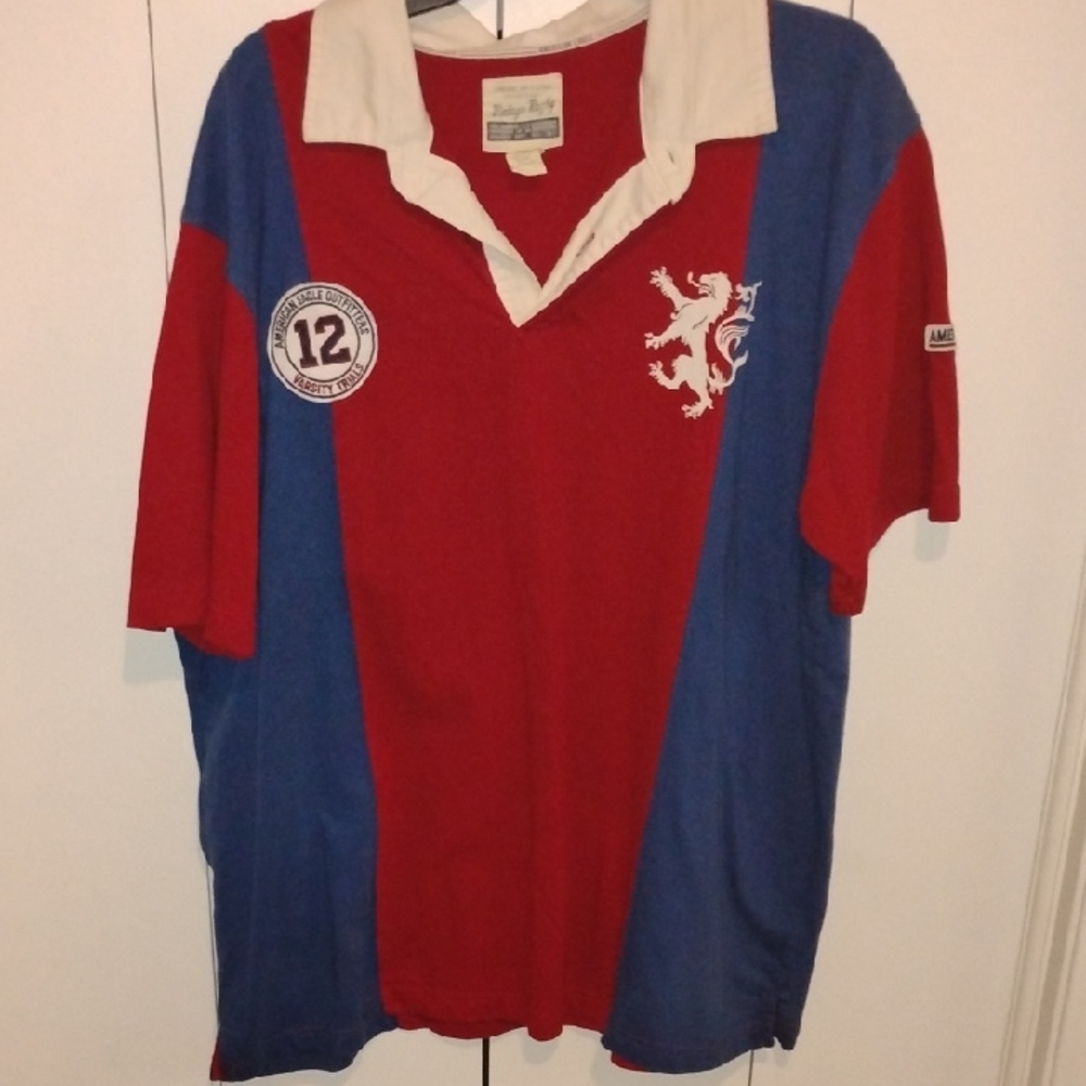 American Eagle Outfitters Red and Blue Rugby Polo with Cream Collar
